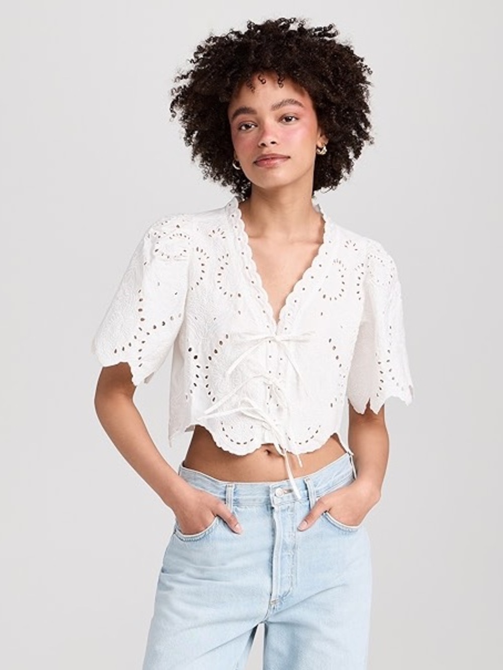 Moon River Puff Sleeve Eyelet Top With Front Ties - Size Medium